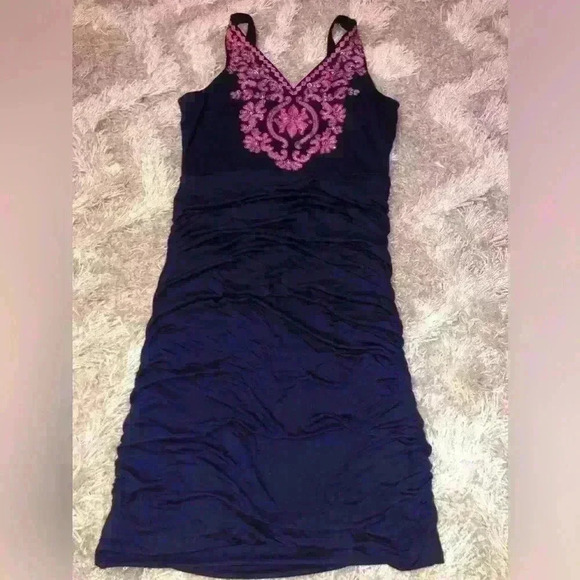 INC International Conceps Navy Blue & Pink Embroidery Crystals Bodycon Dress S - Picture 2 of 5